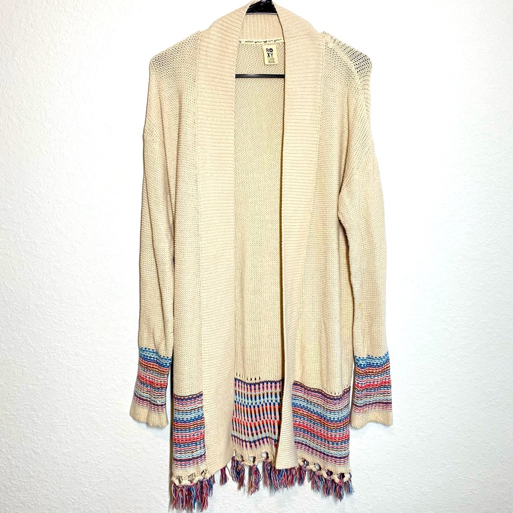 ROXY Tunic Boho Cardigan Beachy Knit Sweater Cotton Long Line Fringe Hippie Open